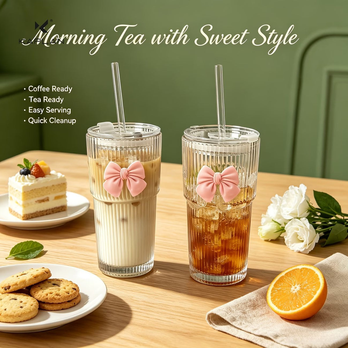 Trendy Bow Glass Cup with Glass Straw
