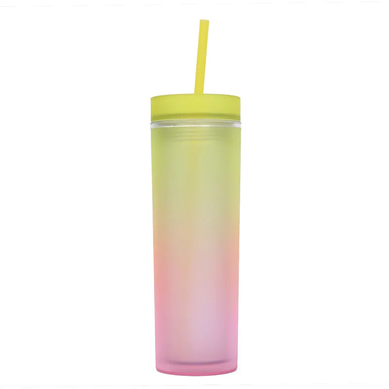 Rainbow Gradient Color Plastic Cup with Straw