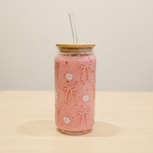 Ribbon n Daisy Printed Glass Cup