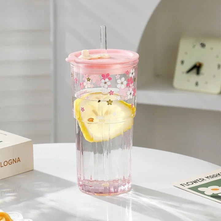 Sakura Glass Cup with Straw Lid