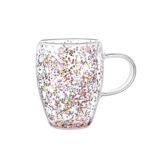 Sequins Filled Double Layer Glass Cup