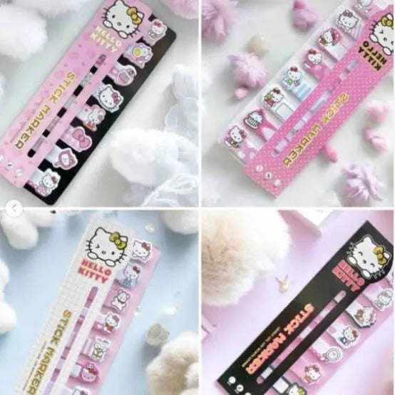 Collage of Hello Kitty stationery items including a ruler, stick markers, and a protractor on a white background.