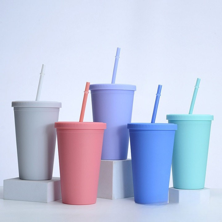 Double Layer Plastic Cup with Straw