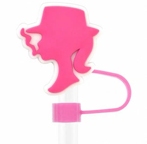 Pink hair clip with a silhouette of a woman's head on a white background
