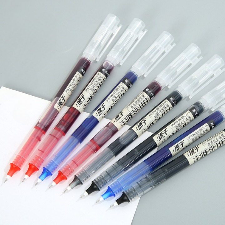 A collection of pens with plastic bodies and transparent caps, featuring a variety of colors including blue, red, and black. The pens are displayed in a group, some with their caps on and some with their caps off, showcasing the different ink colors.