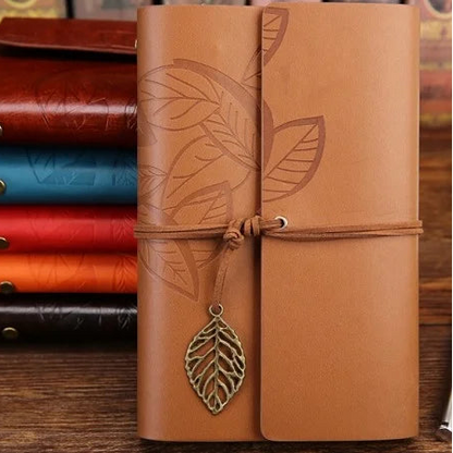Retro Leaf Embossed Leather Cover Journal With Pages - Orange