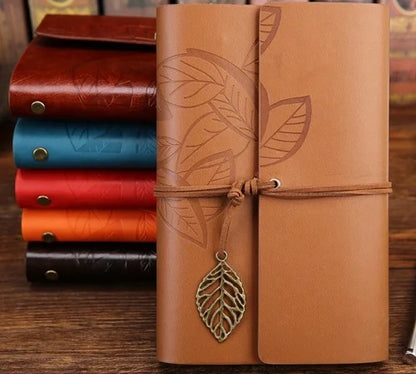 Retro Leaf Embossed Leather Cover Journal With Kraft Pages