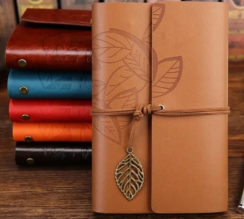 Retro Leaf Embossed Leather Cover Journal With Kraft Pages