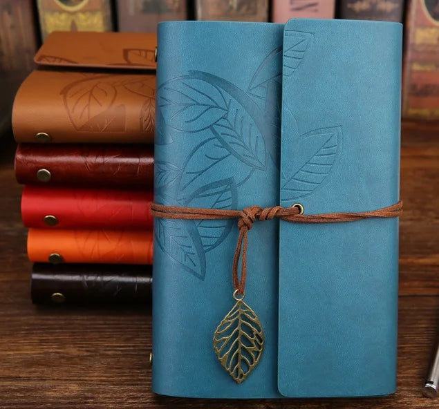 Retro Leaf Embossed Leather Cover Journal With Kraft Pages
