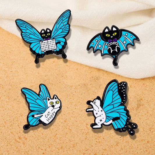 Cute Blue Butterfly Cat Brooch And Enamel Pin