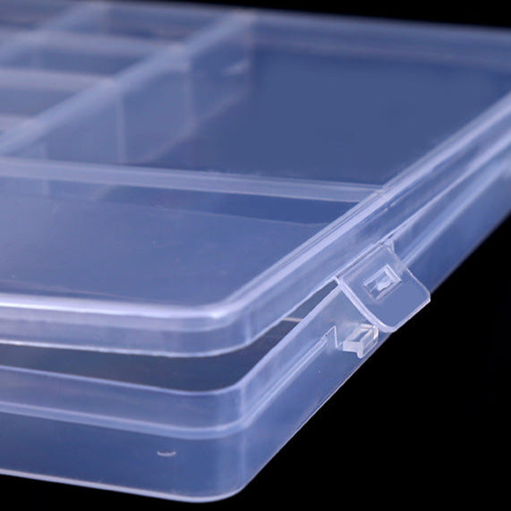 Clear plastic storage box with text on a black background