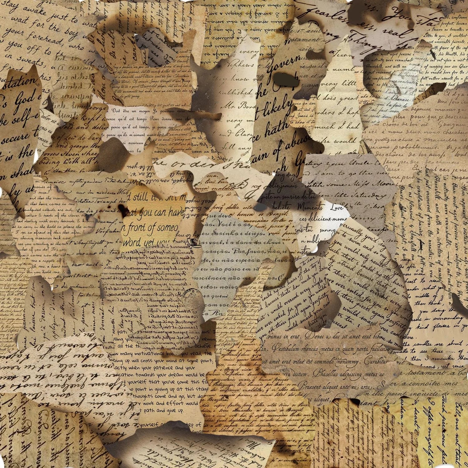 Collage of torn pieces of paper with text on a textured background