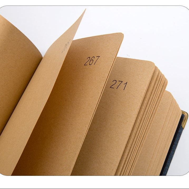 Brown notebook with pages numbered 267 and 271 on a white background