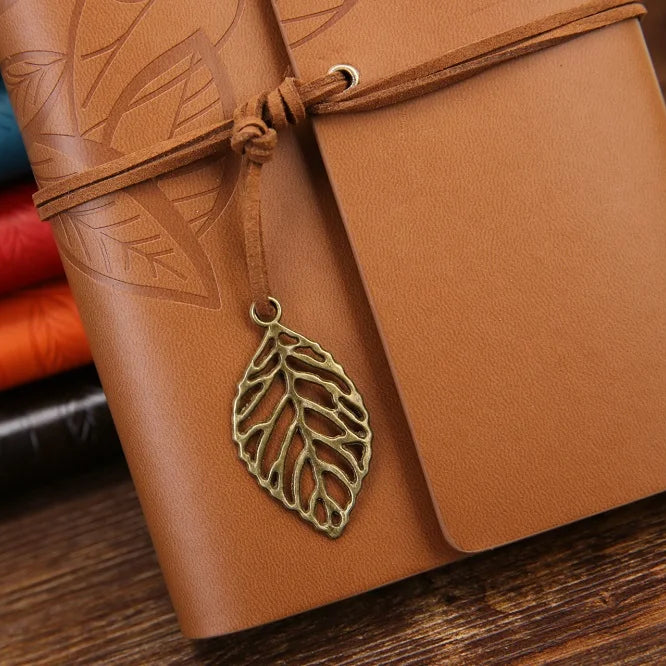 Retro Leaf Embossed Leather Cover Journal With Pages - Orange