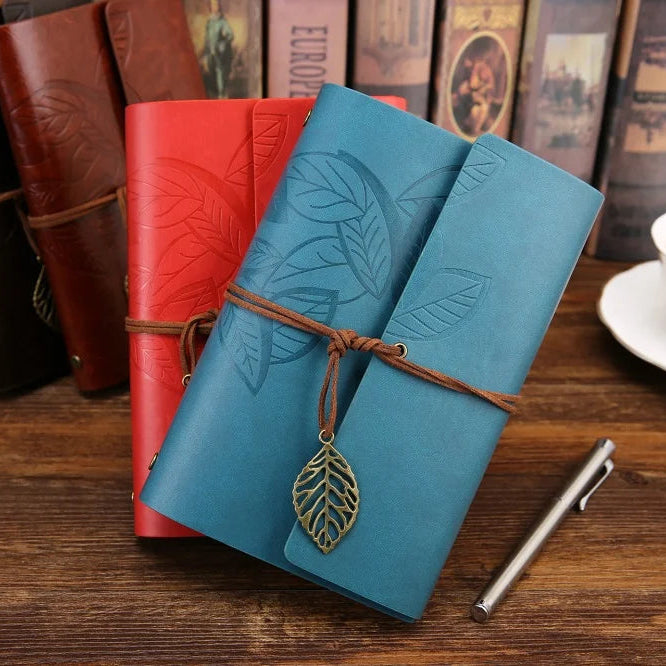 Retro Leaf Embossed Leather Cover Journal With Pages - Orange