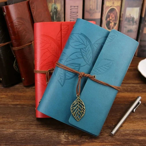 Retro Leaf Embossed Leather Cover Journal With Kraft Pages