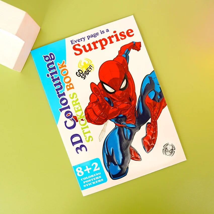 A coloring book featuring Spiderman characters, labeled as '3D Colouring Book' with an age recommendation of 8+.