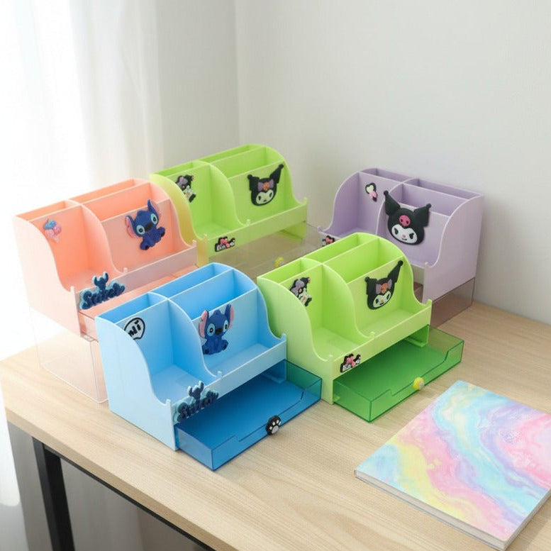 Colorful desk organizers with cartoon character design on a wooden desk.