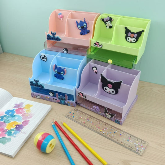Colorful stationery organizer with cartoon characters on a desk with stationery items.