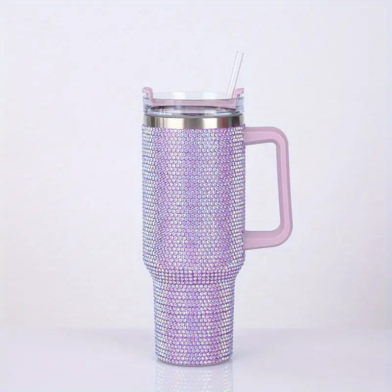 40oz Shiny Rhinestone Insulated Stainless Steel Tumbler with Straw