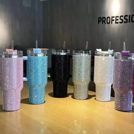 40oz Shiny Rhinestone Insulated Stainless Steel Tumbler with Straw