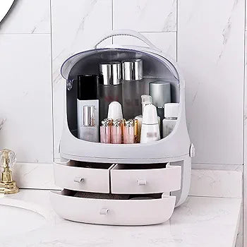 Cosmetic organizer with skincare products on a bathroom counter