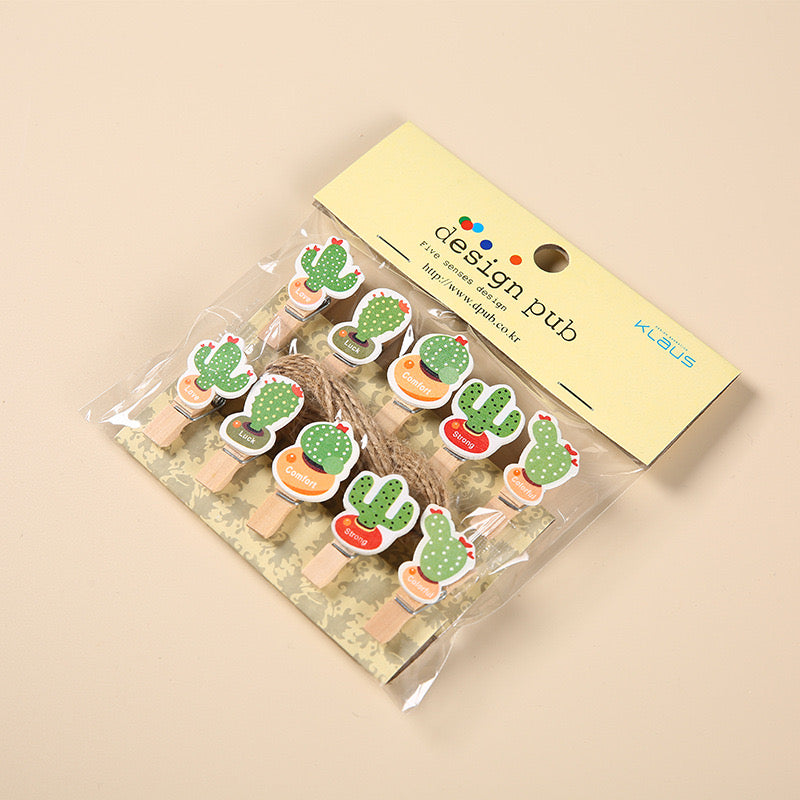 Small Wooden Clothespin Clips - Cute Cactus