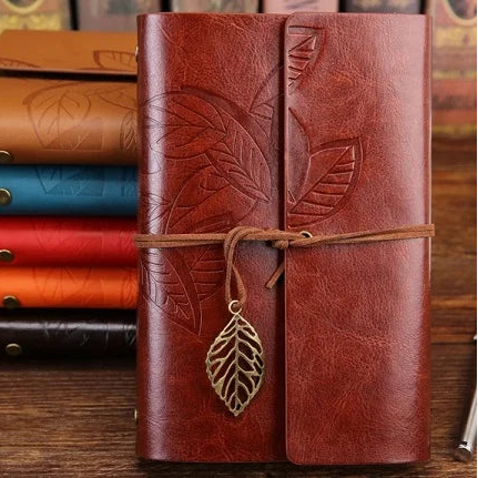 Retro Leaf Embossed Leather Cover Journal With Pages - Orange