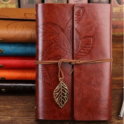 Retro Leaf Embossed Leather Cover Journal With Pages - Orange
