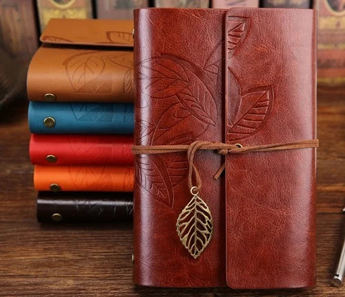 Retro Leaf Embossed Leather Cover Journal With Kraft Pages
