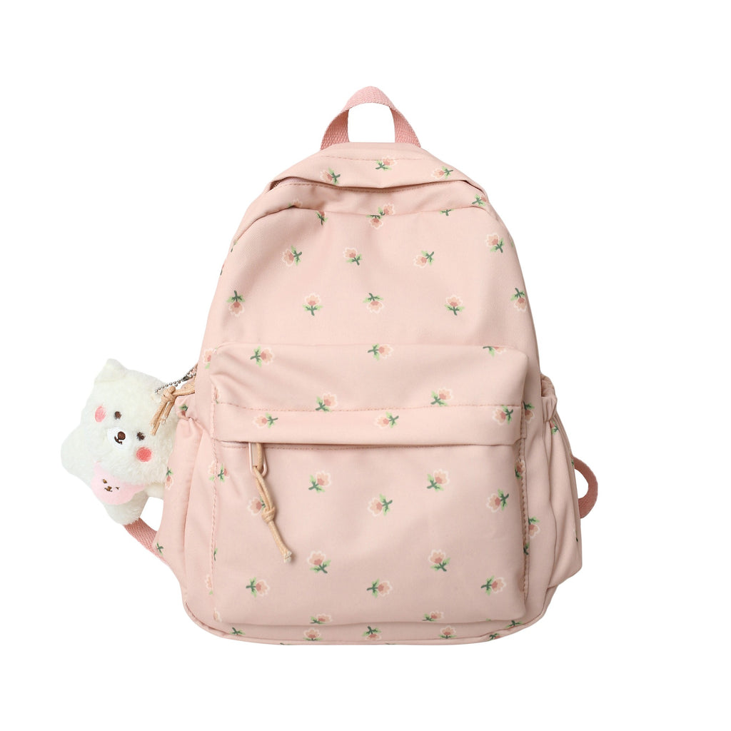 Floral Texture Backpack with Bear Pendant
