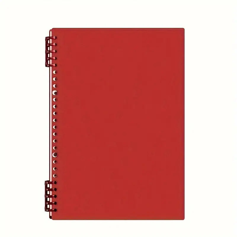 Red notebook with a spiral binding on a white background