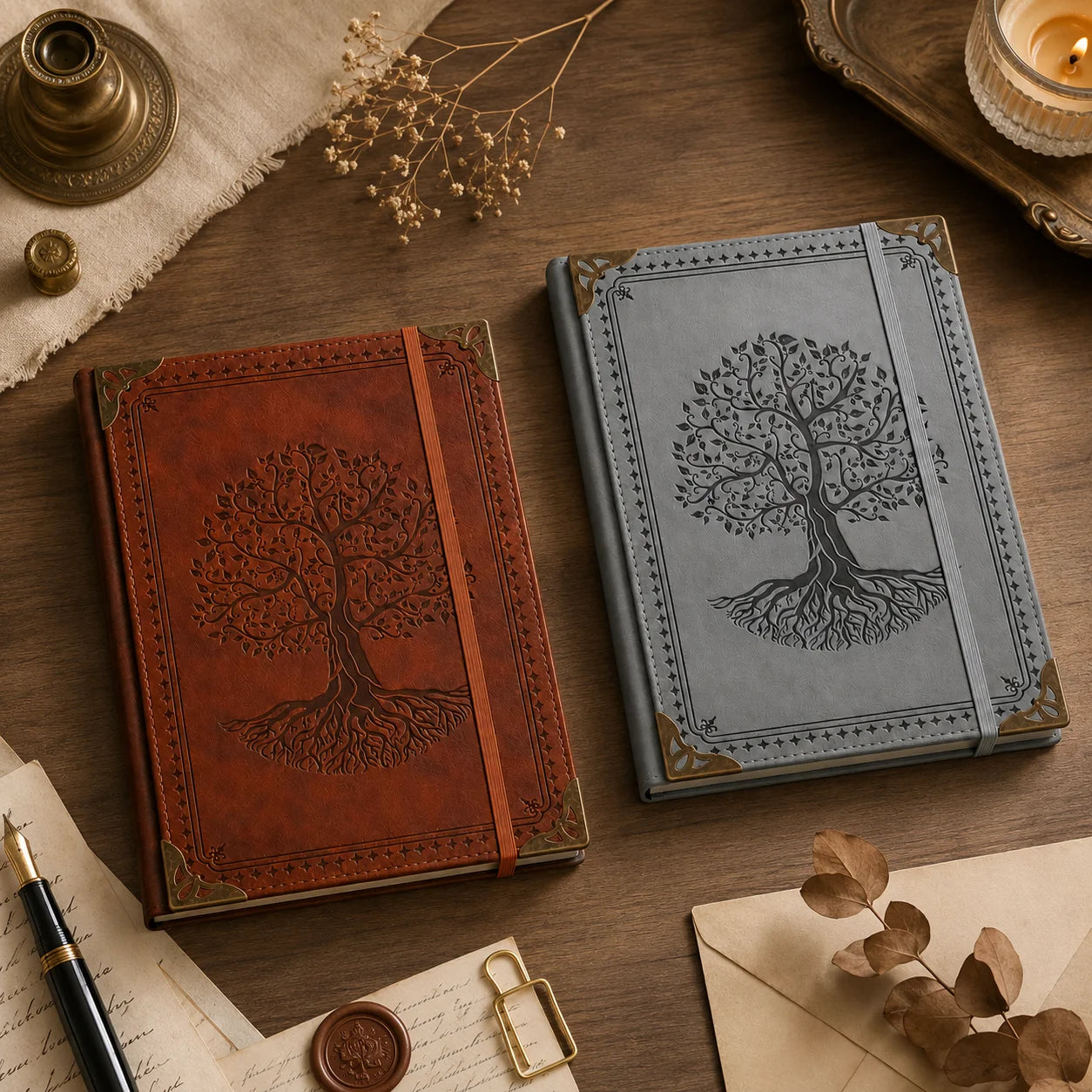 Vintage Tree of Life Leather Journal Notebook – Embossed Hardcover Diary with Elastic Closure