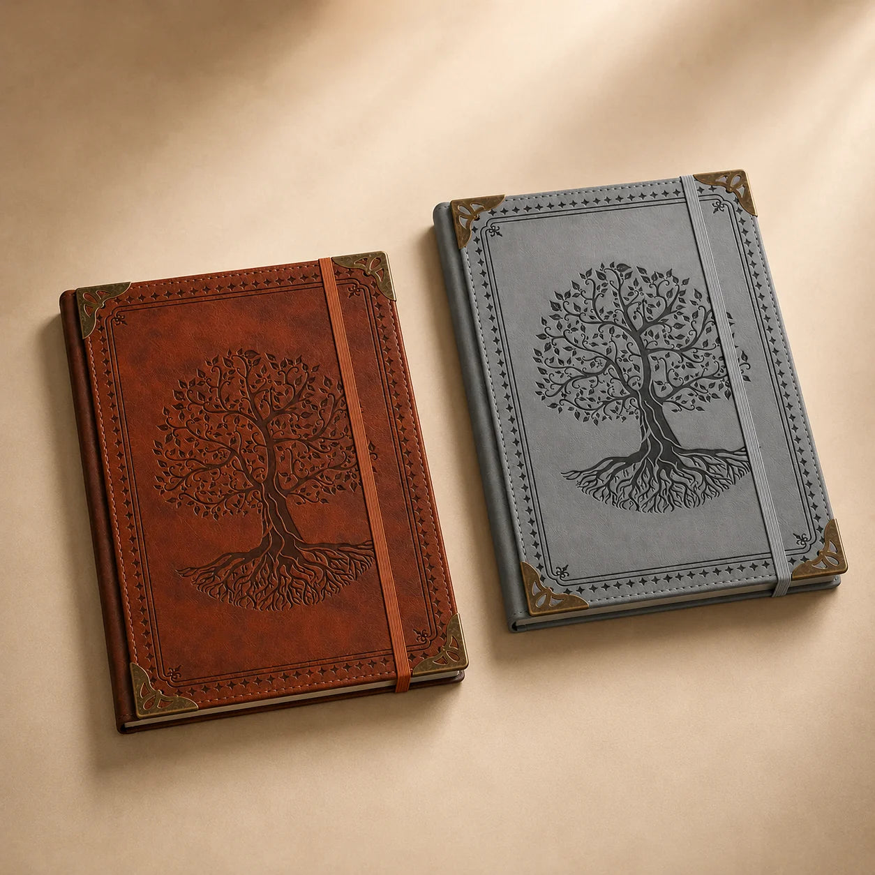 Vintage Tree of Life Leather Journal Notebook – Embossed Hardcover Diary with Elastic Closure