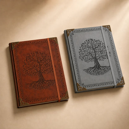Vintage Tree of Life Leather Journal Notebook – Embossed Hardcover Diary with Elastic Closure