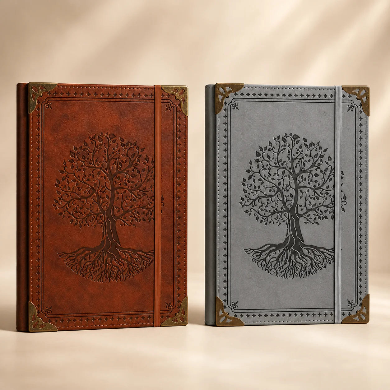 Vintage Tree of Life Leather Journal Notebook – Embossed Hardcover Diary with Elastic Closure