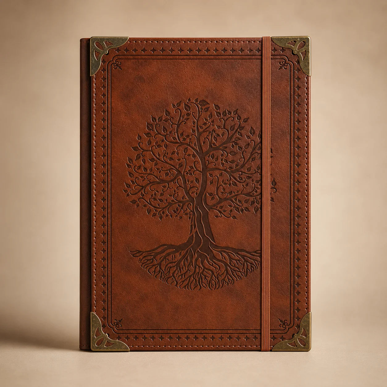 Vintage Tree of Life Leather Journal Notebook – Embossed Hardcover Diary with Elastic Closure