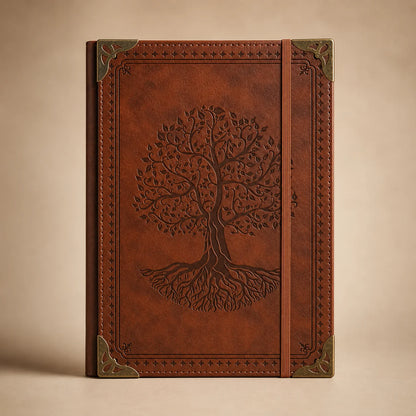 Vintage Tree of Life Leather Journal Notebook – Embossed Hardcover Diary with Elastic Closure