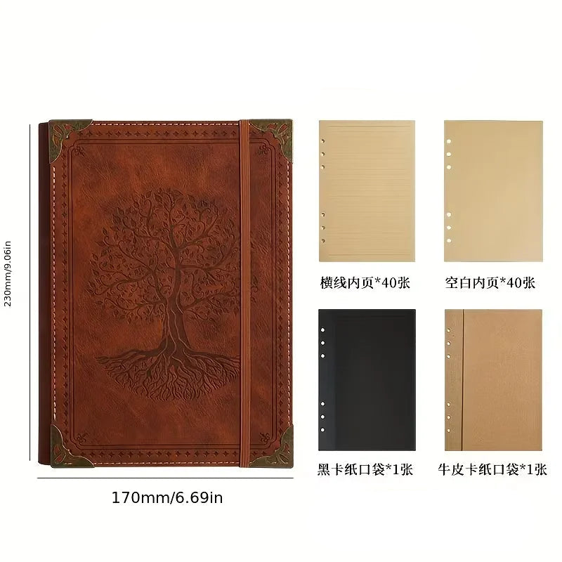 Vintage Tree of Life Leather Journal Notebook – Embossed Hardcover Diary with Elastic Closure