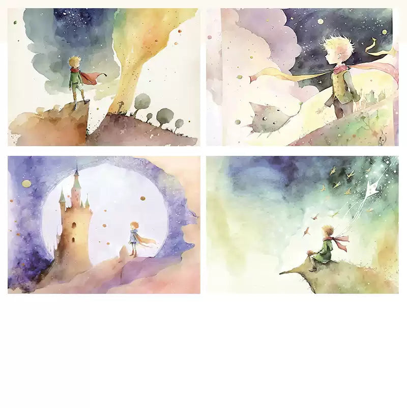 Four panels of a watercolor illustration featuring a child and various elements like a castle, trees, and animals.