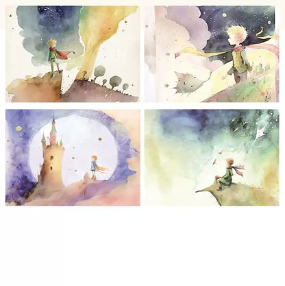 Four panels of a watercolor illustration featuring a child and various elements like a castle, trees, and animals.