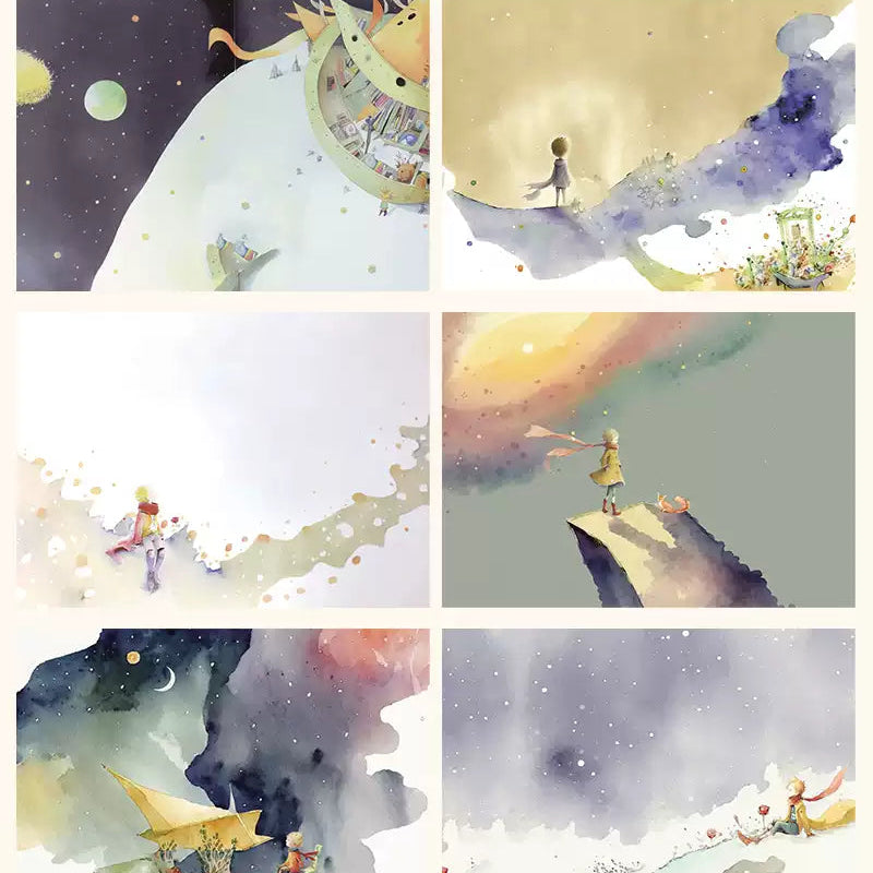 Collage of nine illustrated scenes featuring fantasy elements like dragons, moons, and landscapes.