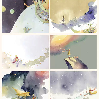 Collage of nine illustrated scenes featuring fantasy elements like dragons, moons, and landscapes.