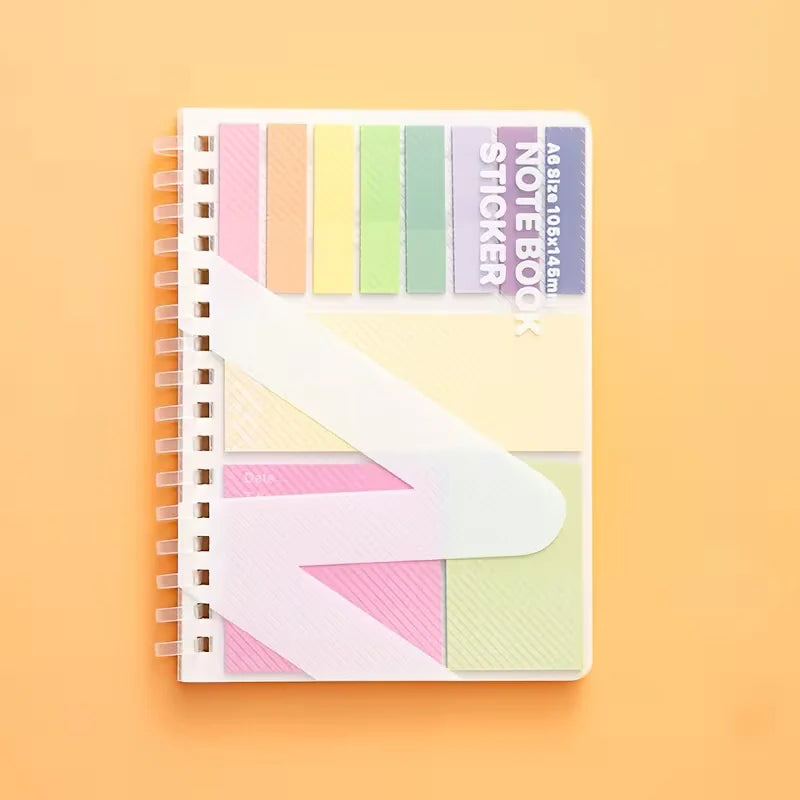Notebook with colorful stickers on a yellow background