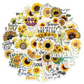Collection of sunflower illustrations with various phrases on a white background