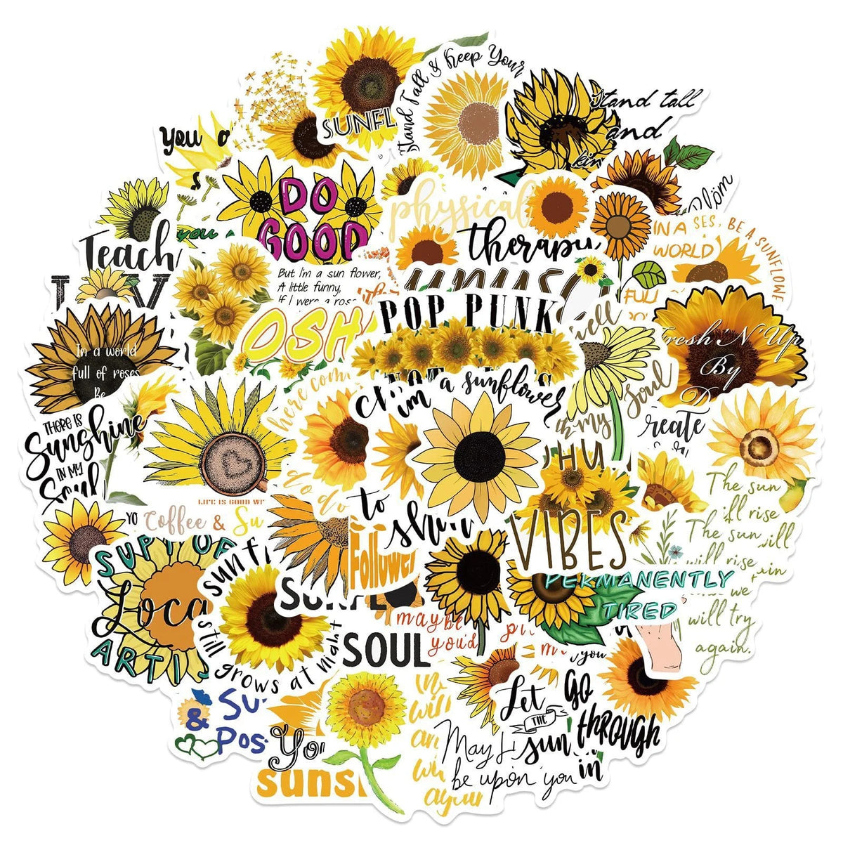 Collection of sunflower illustrations with various phrases on a white background