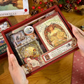 Decorative box with artistic designs and a bottle opener, held by hands on a wooden surface.