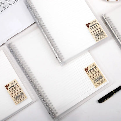 Notebooks with labels on a white surface