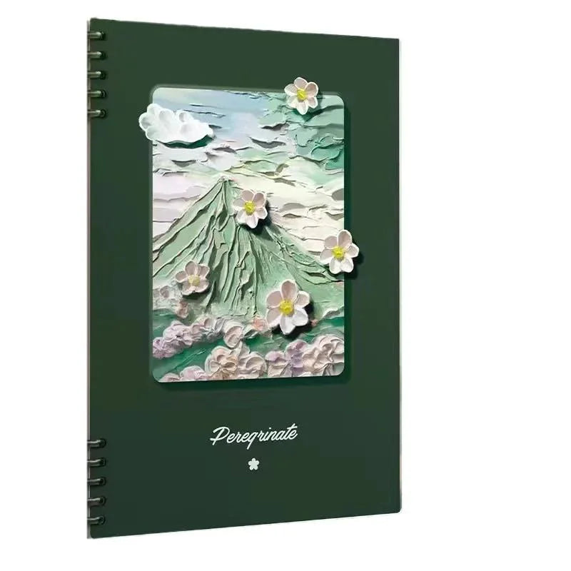 Green notebook with a mountain and flower design on the cover, featuring the brand 'Peregrinate'.