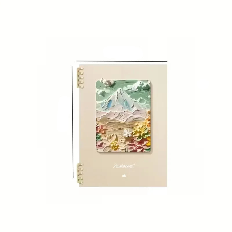 Notebook with mountain and floral design on cover, shown with dimensions.